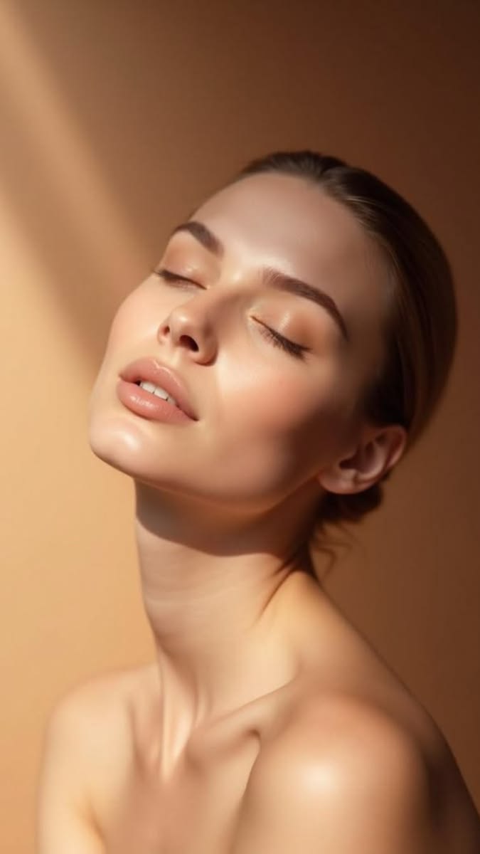 Rostro con piel hidratada bajo luz cálida